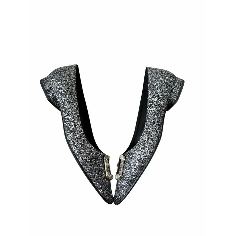 Kate Spade Buckle Up Glitter Flats Black Silver 10.5 Point Toe - Picture 7 of 9